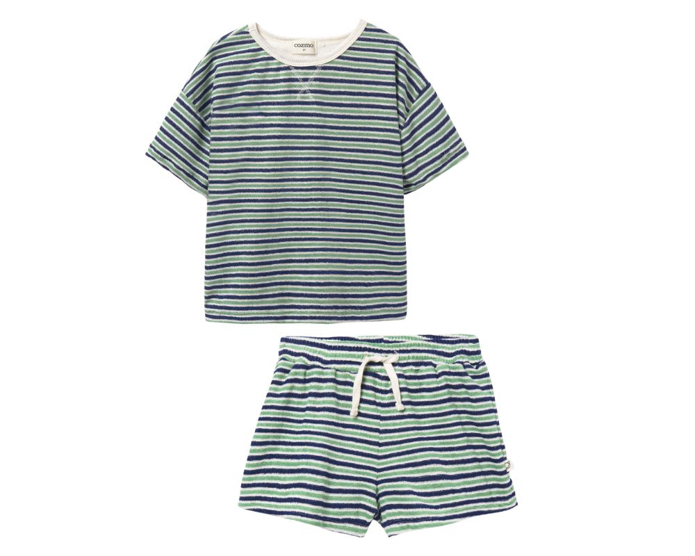 Blue Green Striped Shorts Set