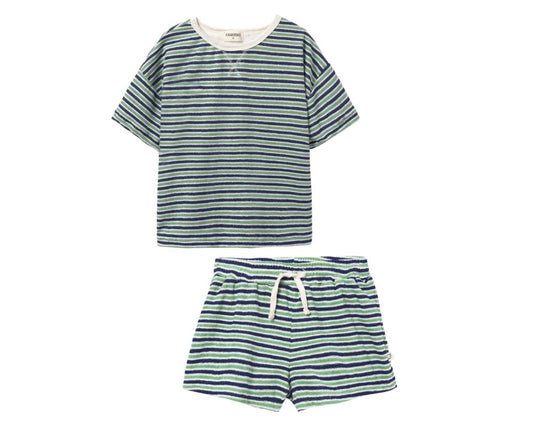 Blue Green Striped Shorts Set