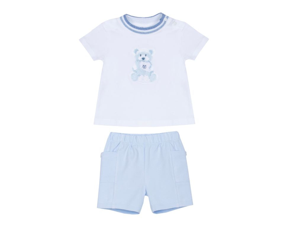 Baby boys blue and white two-piece outfit featuring a white short-sleeve top with a blue teddy bear motif and coordinating pastel blue shorts