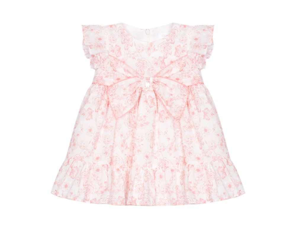 Patachou baby girl pink floral dress featuring flutter sleeves, oversized bow, and ruffle hem.