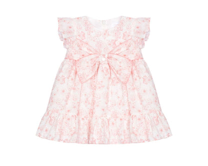 Patachou baby girl pink floral dress featuring flutter sleeves, oversized bow, and ruffle hem.