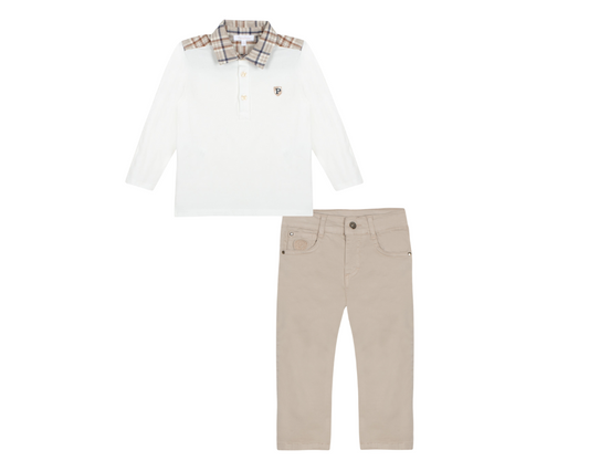 Ecru Beige Plaid Polo and Beige Pants