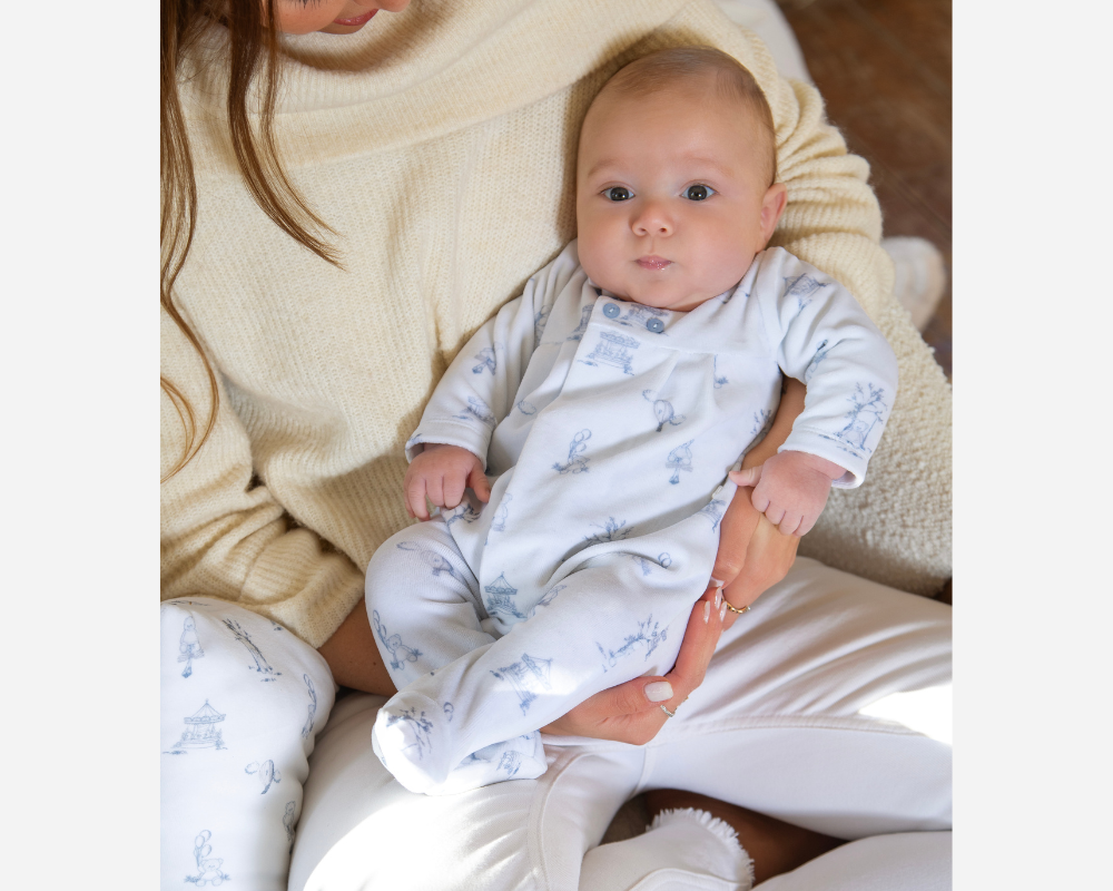 Blue Toile de Jouy Babygrow Footie