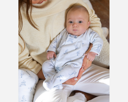 Blue Toile de Jouy Babygrow Footie