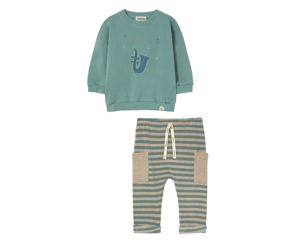 Soft Brush Striped Fleece Sweater Set - Artic Blue