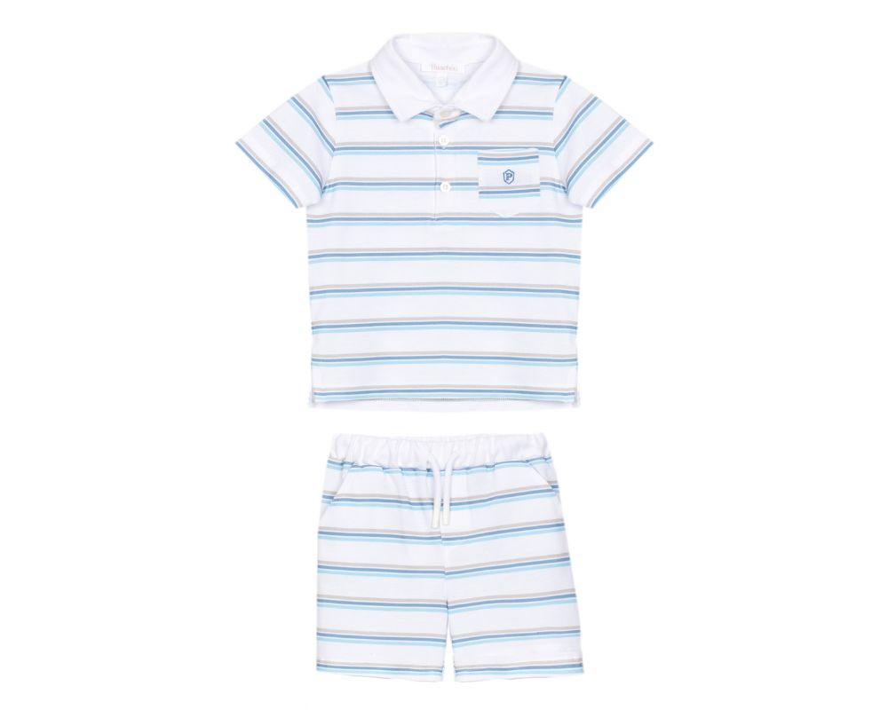 Baby boys white striped polo shirt with blue and beige stripes paired with matching elastic-waist shorts, a classic European-style summer outfit.