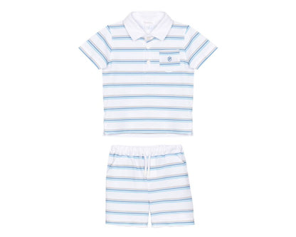 Baby boys white striped polo shirt with blue and beige stripes paired with matching elastic-waist shorts, a classic European-style summer outfit.