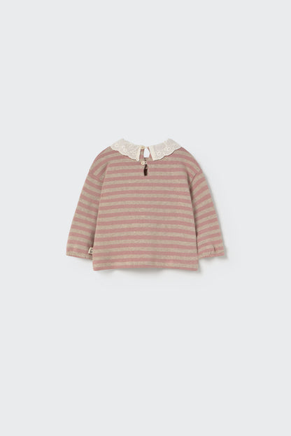 Soft Brushed Baby Striped Sweater and Bow Pants Set - Silver Pink