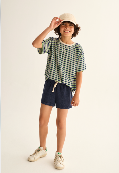 Blue Green Striped Shorts Set