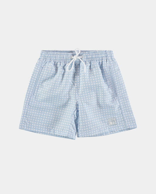 Al Agua Patos Boys Light Blue Gingham Swim Trunks