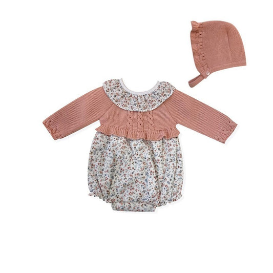 Knit Romper with Frilled Neck and Hat