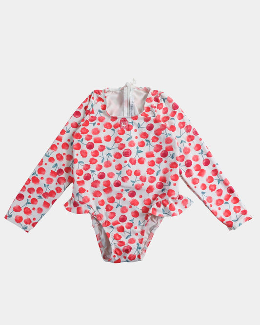 Al Agua Patos girls long sleeve cherry print swimsuit with ruffle waist.
